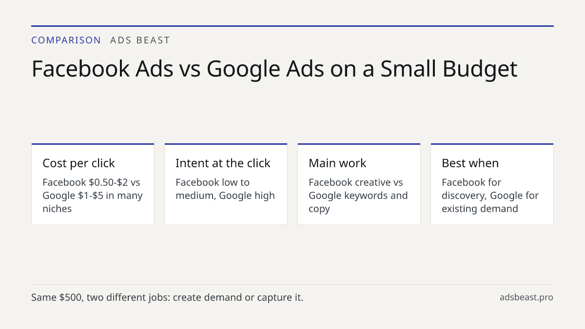 Facebook Ads vs Google Ads on a Small Budget. Cost per click: Facebook $0.50-$2 vs Google $1-$5 in many niches; Intent at the click: Facebook low to medium, Google high; Main work: Facebook creative vs Google keywords and copy; Best when: Facebook for discovery, Google for existing demand