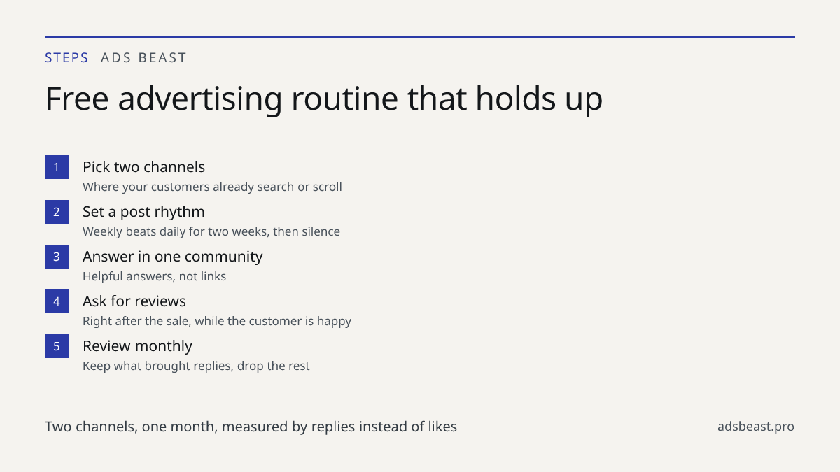 Free advertising routine that holds up. Pick two channels: Where your customers already search or scroll; Set a post rhythm: Weekly beats daily for two weeks, then silence; Answer in one community: Helpful answers, not links; Ask for reviews: Right after the sale, while the customer is happy; Review