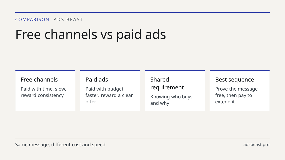 Free channels vs paid ads. Free channels: Paid with time, slow, reward consistency; Paid ads: Paid with budget, faster, reward a clear offer; Shared requirement: Knowing who buys and why; Best sequence: Prove the message free, then pay to extend it