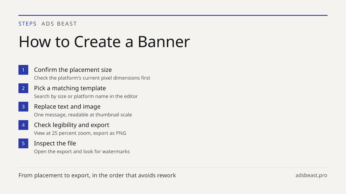 How to Create a Banner. Confirm the placement size: Check the platform's current pixel dimensions first; Pick a matching template: Search by size or platform name in the editor; Replace text and image: One message, readable at thumbnail scale; Check legibility and export: View at 25 percent zoom, ex