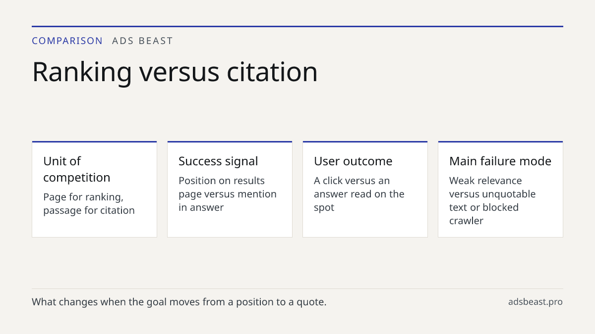 Ranking versus citation. Unit of competition: Page for ranking, passage for citation; Success signal: Position on results page versus mention in answer; User outcome: A click versus an answer read on the spot; Main failure mode: Weak relevance versus unquotable text or blocked crawler