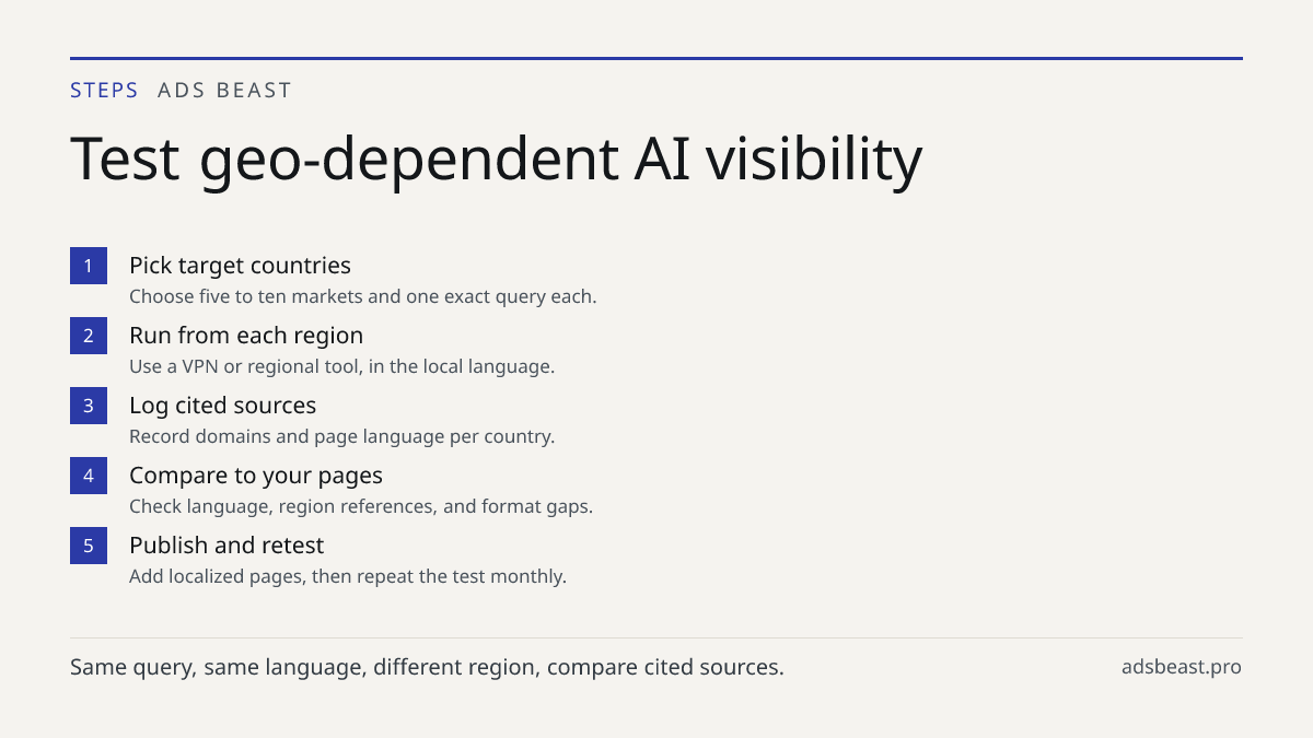 Test geo-dependent AI visibility. Pick target countries: Choose five to ten markets and one exact query each.; Run from each region: Use a VPN or regional tool, in the local language.; Log cited sources: Record domains and page language per country.; Compare to your pages: Check language, region ref