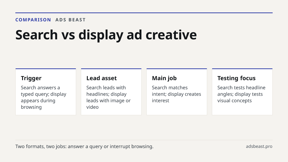 Search vs display ad creative. Trigger: Search answers a typed query; display appears during browsing; Lead asset: Search leads with headlines; display leads with image or video; Main job: Search matches intent; display creates interest; Testing focus: Search tests headline angles; display tests vis