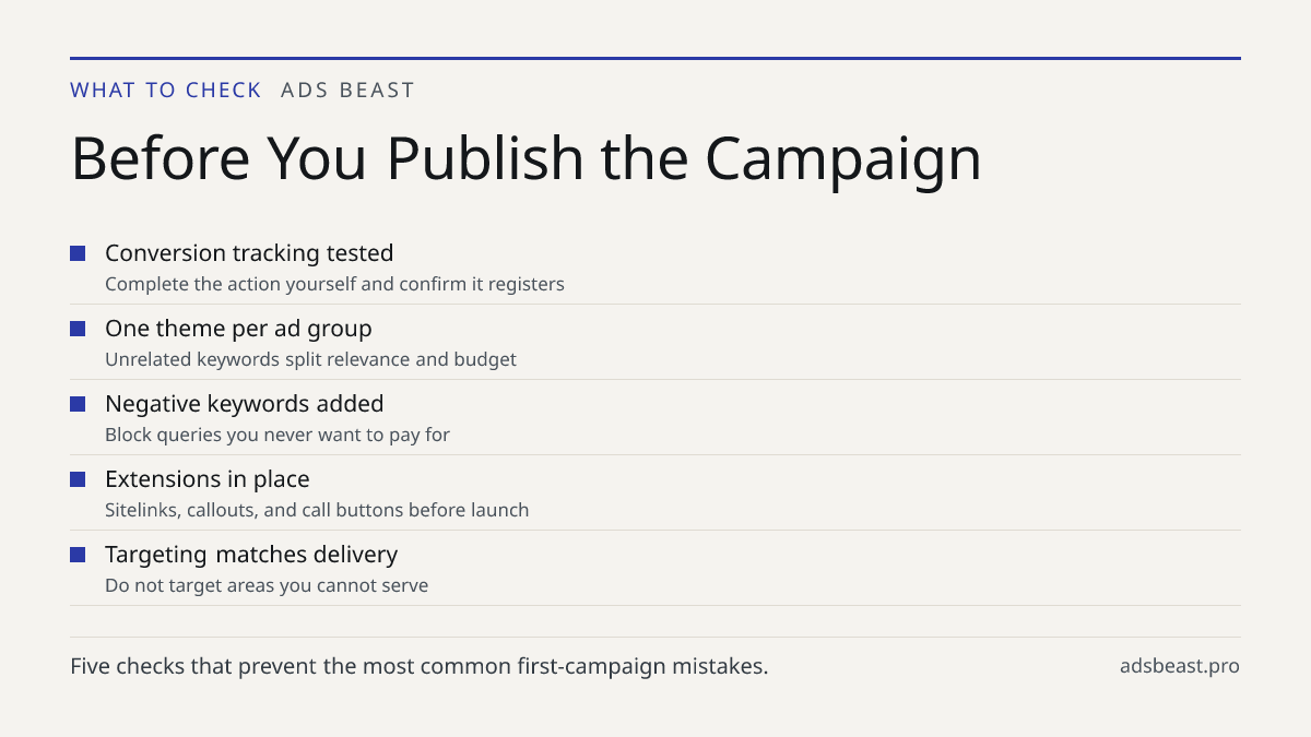Before You Publish the Campaign. Conversion tracking tested: Complete the action yourself and confirm it registers; One theme per ad group: Unrelated keywords split relevance and budget; Negative keywords added: Block queries you never want to pay for; Extensions in place: Sitelinks, callouts, and c