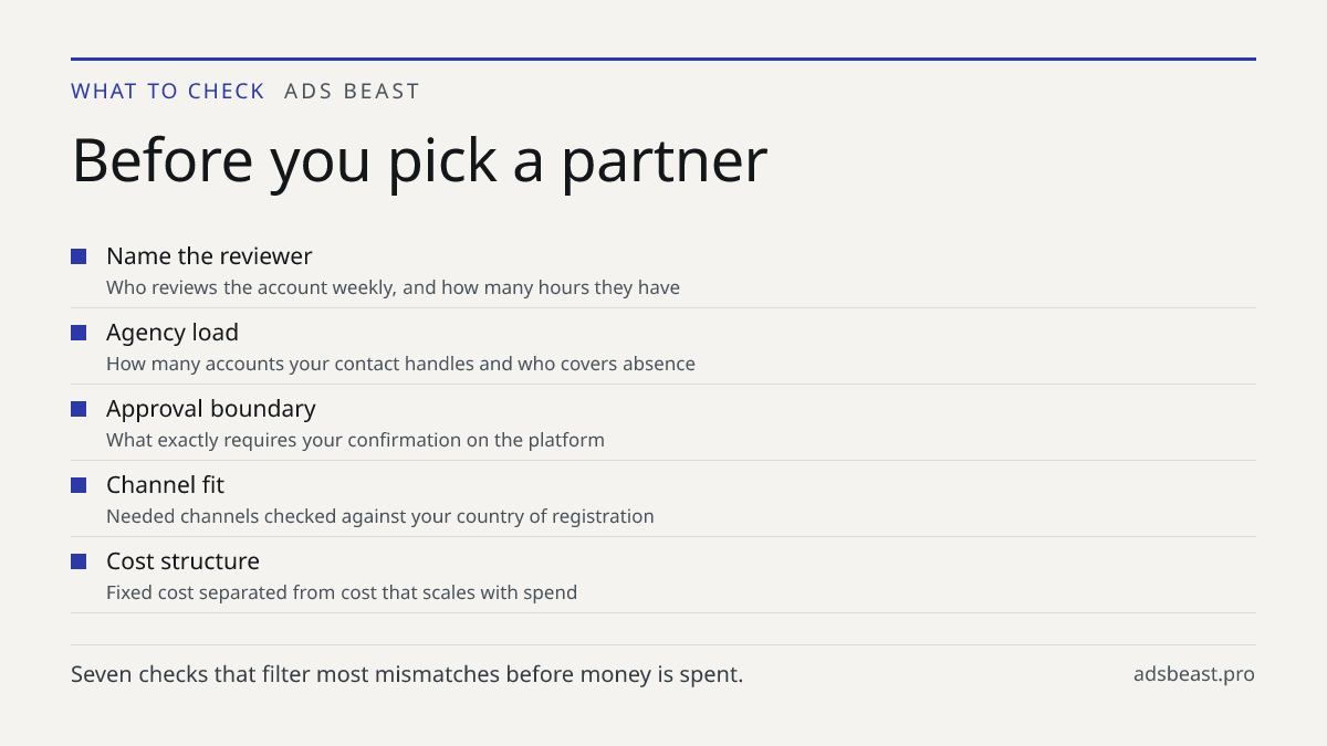 Before you pick a partner. Name the reviewer: Who reviews the account weekly, and how many hours they have; Agency load: How many accounts your contact handles and who covers absence; Approval boundary: What exactly requires your confirmation on the platform; Channel fit: Needed channels checked aga