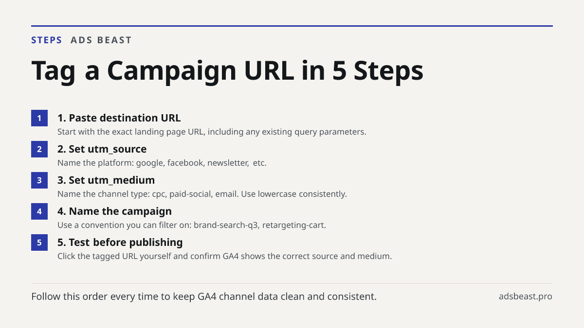 Tag a Campaign URL in 5 Steps. 1. Paste destination URL: Start with the exact landing page URL, including any existing query parameters.; 2. Set utm_source: Name the platform: google, facebook, newsletter, etc.; 3. Set utm_medium: Name the channel type: cpc, paid-social, email. Use lowercase consist