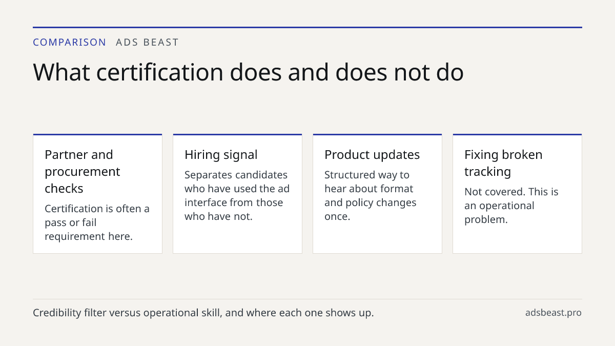 What certification does and does not do. Partner and procurement checks: Certification is often a pass or fail requirement here.; Hiring signal: Separates candidates who have used the ad interface from those who have not.; Product updates: Structured way to hear about format and policy changes once.