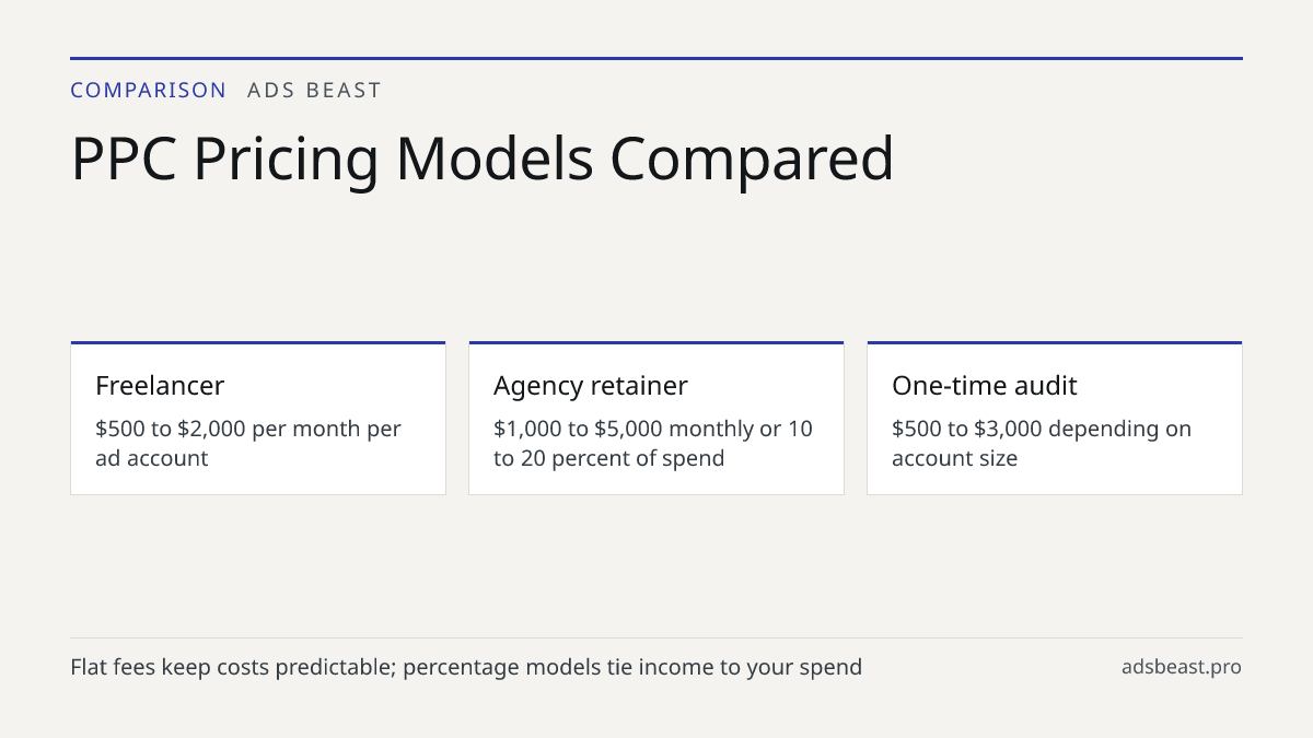 PPC Pricing Models Compared. Freelancer: $500 to $2,000 per month per ad account; Agency retainer: $1,000 to $5,000 monthly or 10 to 20 percent of spend; One-time audit: $500 to $3,000 depending on account size