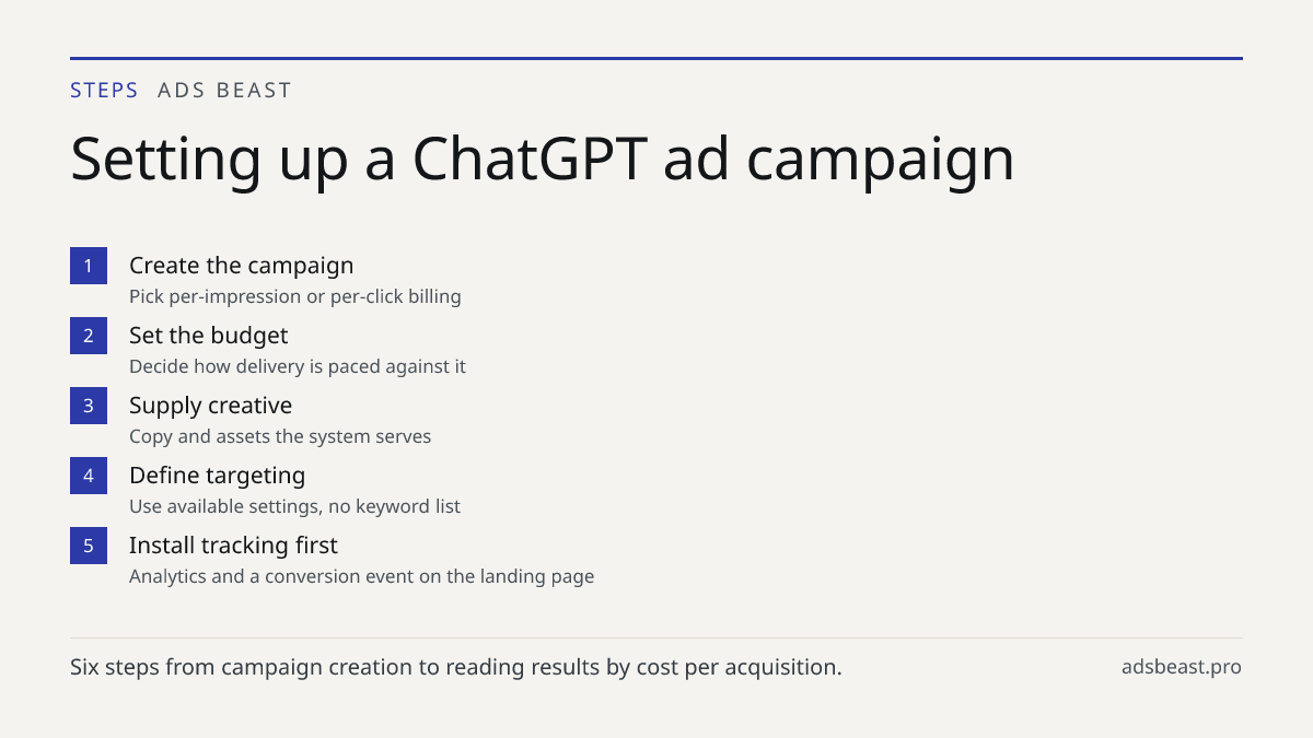 Setting up a ChatGPT ad campaign. Create the campaign: Pick per-impression or per-click billing; Set the budget: Decide how delivery is paced against it; Supply creative: Copy and assets the system serves; Define targeting: Use available settings, no keyword list; Install tracking first: Analytics a