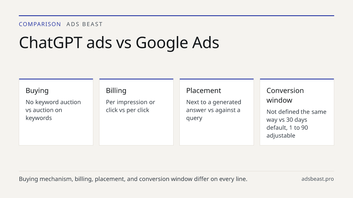 ChatGPT ads vs Google Ads. Buying: No keyword auction vs auction on keywords; Billing: Per impression or click vs per click; Placement: Next to a generated answer vs against a query; Conversion window: Not defined the same way vs 30 days default, 1 to 90 adjustable