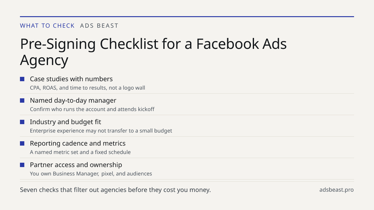 Pre-Signing Checklist for a Facebook Ads Agency. Case studies with numbers: CPA, ROAS, and time to results, not a logo wall; Named day-to-day manager: Confirm who runs the account and attends kickoff; Industry and budget fit: Enterprise experience may not transfer to a small budget; Reporting cadenc