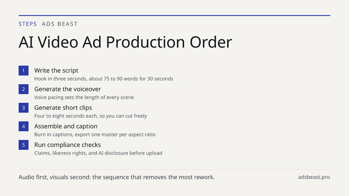 AI Video Ad Production Order. Write the script: Hook in three seconds, about 75 to 90 words for 30 seconds; Generate the voiceover: Voice pacing sets the length of every scene; Generate short clips: Four to eight seconds each, so you can cut freely; Assemble and caption: Burn in captions, export one