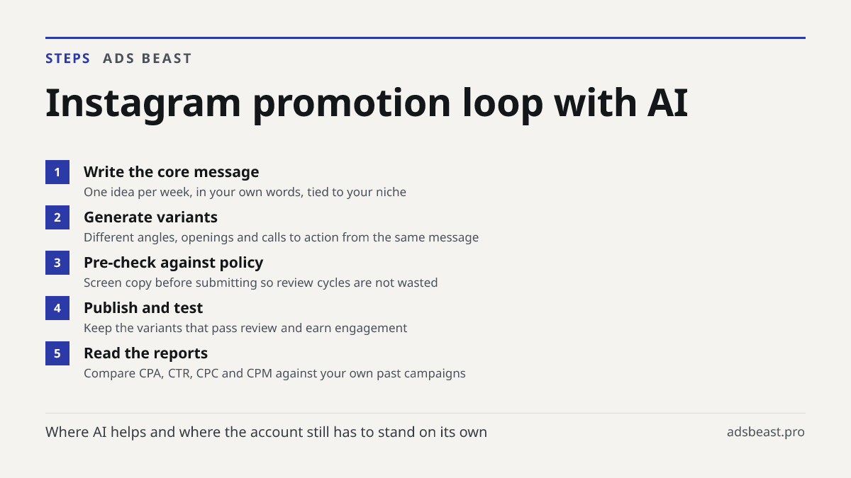 Instagram promotion loop with AI. Write the core message: One idea per week, in your own words, tied to your niche; Generate variants: Different angles, openings and calls to action from the same message; Pre-check against policy: Screen copy before submitting so review cycles are not wasted; Publis