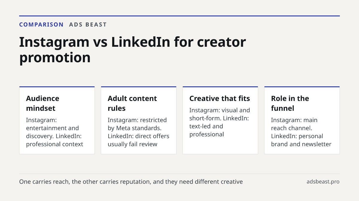 Instagram vs LinkedIn for creator promotion. Audience mindset: Instagram: entertainment and discovery. LinkedIn: professional context; Adult content rules: Instagram: restricted by Meta standards. LinkedIn: direct offers usually fail review; Creative that fits: Instagram: visual and short-form. Link