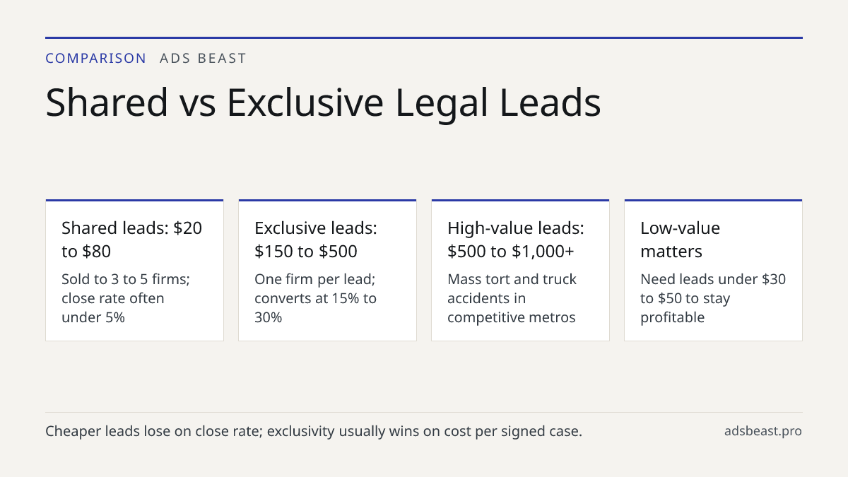 Shared vs Exclusive Legal Leads. Shared leads: $20 to $80: Sold to 3 to 5 firms; close rate often under 5%; Exclusive leads: $150 to $500: One firm per lead; converts at 15% to 30%; High-value leads: $500 to $1,000+: Mass tort and truck accidents in competitive metros; Low-value matters: Need leads 
