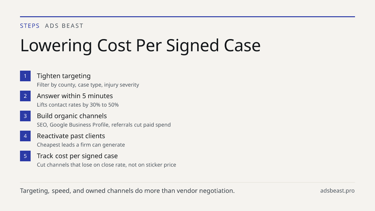Lowering Cost Per Signed Case. Tighten targeting: Filter by county, case type, injury severity; Answer within 5 minutes: Lifts contact rates by 30% to 50%; Build organic channels: SEO, Google Business Profile, referrals cut paid spend; Reactivate past clients: Cheapest leads a firm can generate; Tra