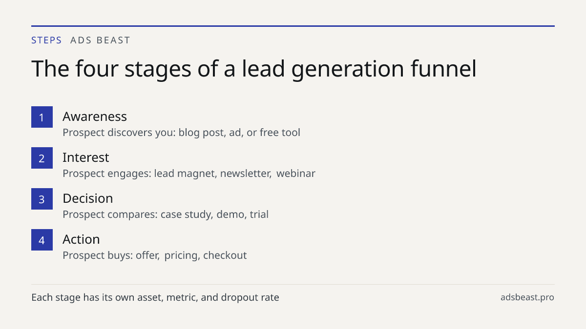 The four stages of a lead generation funnel. Awareness: Prospect discovers you: blog post, ad, or free tool; Interest: Prospect engages: lead magnet, newsletter, webinar; Decision: Prospect compares: case study, demo, trial; Action: Prospect buys: offer, pricing, checkout
