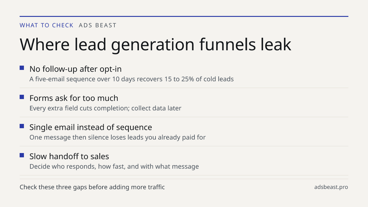 Where lead generation funnels leak. No follow-up after opt-in: A five-email sequence over 10 days recovers 15 to 25% of cold leads; Forms ask for too much: Every extra field cuts completion; collect data later; Single email instead of sequence: One message then silence loses leads you already paid f
