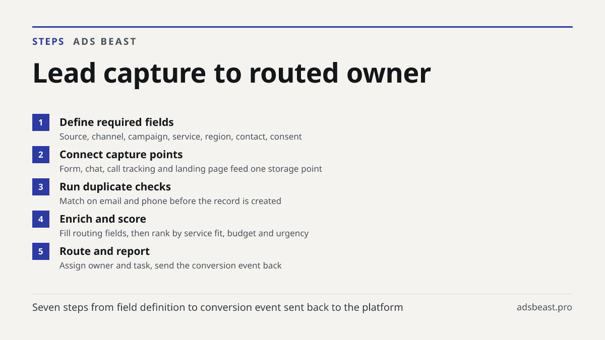 Lead capture to routed owner. Define required fields: Source, channel, campaign, service, region, contact, consent; Connect capture points: Form, chat, call tracking and landing page feed one storage point; Run duplicate checks: Match on email and phone before the record is created; Enrich and score