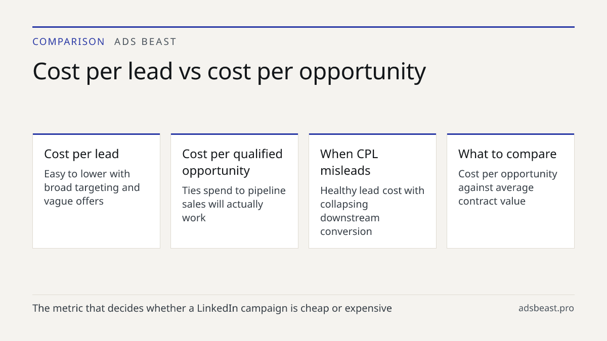 Cost per lead vs cost per opportunity. Cost per lead: Easy to lower with broad targeting and vague offers; Cost per qualified opportunity: Ties spend to pipeline sales will actually work; When CPL misleads: Healthy lead cost with collapsing downstream conversion; What to compare: Cost per opportunit