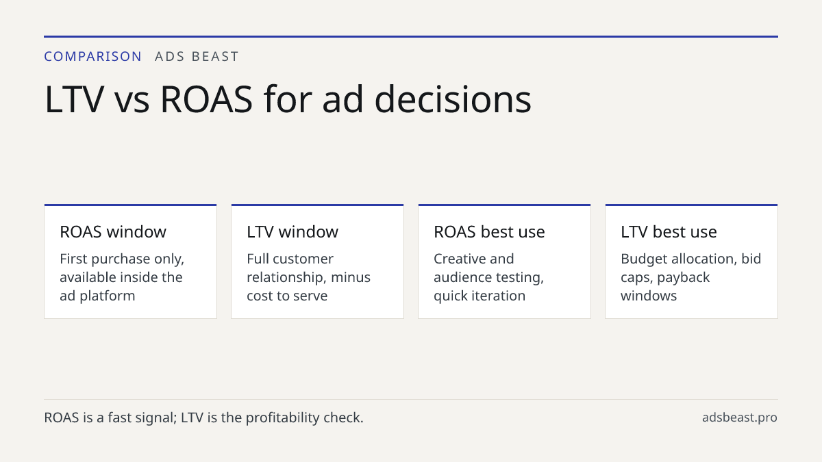 LTV vs ROAS for ad decisions. ROAS window: First purchase only, available inside the ad platform; LTV window: Full customer relationship, minus cost to serve; ROAS best use: Creative and audience testing, quick iteration; LTV best use: Budget allocation, bid caps, payback windows