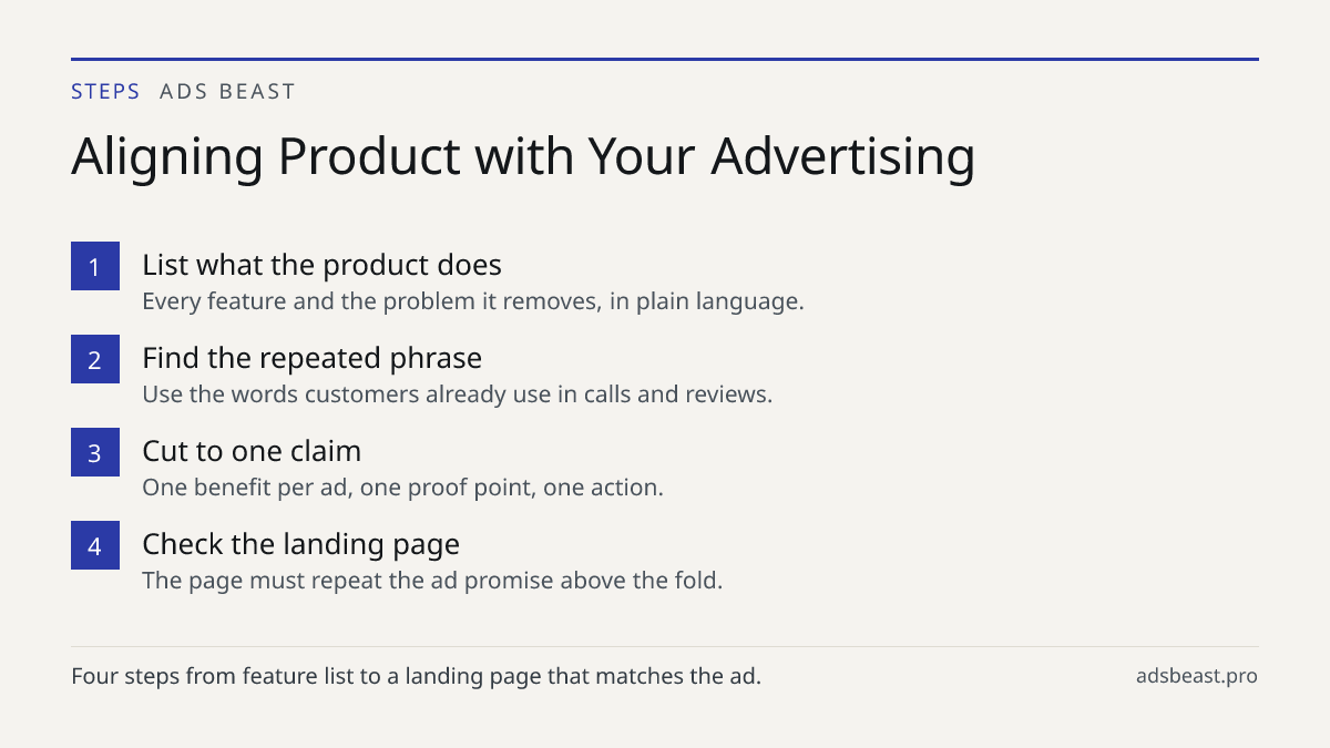 Aligning Product with Your Advertising. List what the product does: Every feature and the problem it removes, in plain language.; Find the repeated phrase: Use the words customers already use in calls and reviews.; Cut to one claim: One benefit per ad, one proof point, one action.; Check the landing