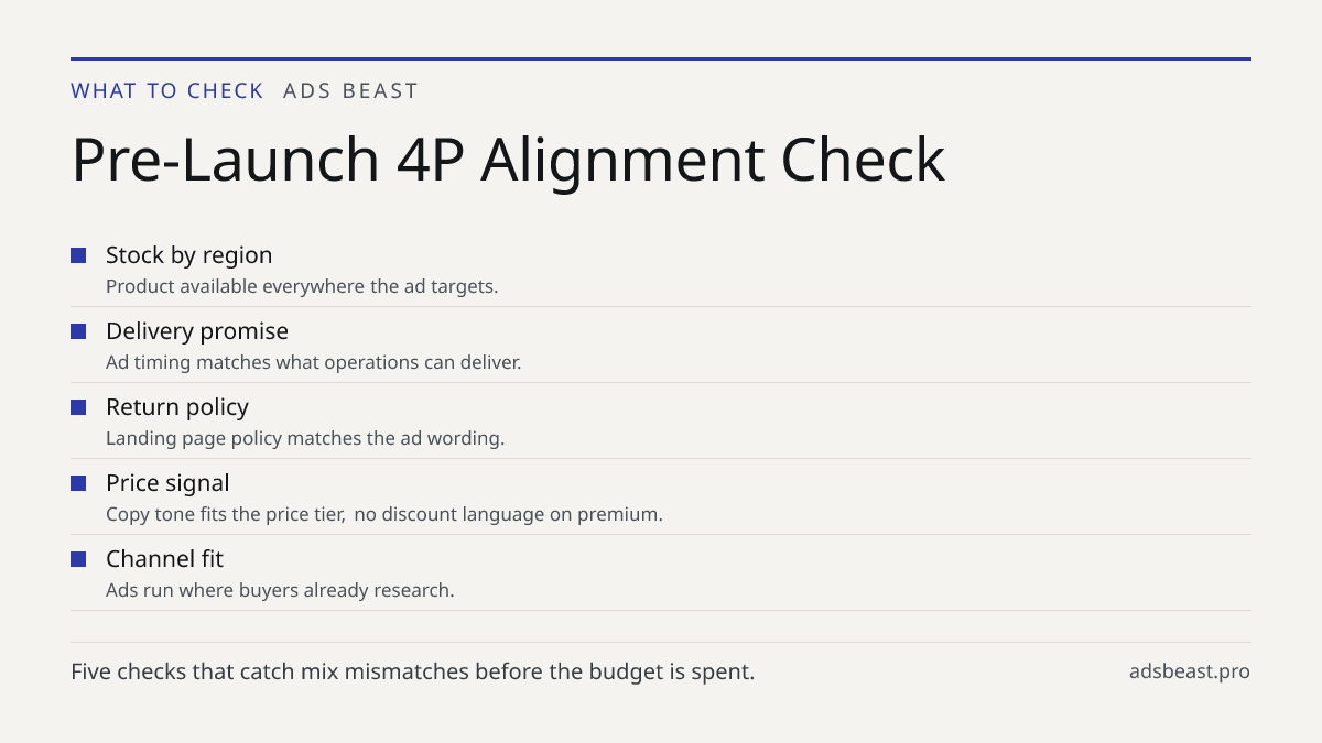 Pre-Launch 4P Alignment Check. Stock by region: Product available everywhere the ad targets.; Delivery promise: Ad timing matches what operations can deliver.; Return policy: Landing page policy matches the ad wording.; Price signal: Copy tone fits the price tier, no discount language on premium.; C