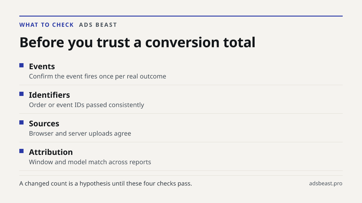 Before you trust a conversion total. Events: Confirm the event fires once per real outcome; Identifiers: Order or event IDs passed consistently; Sources: Browser and server uploads agree; Attribution: Window and model match across reports