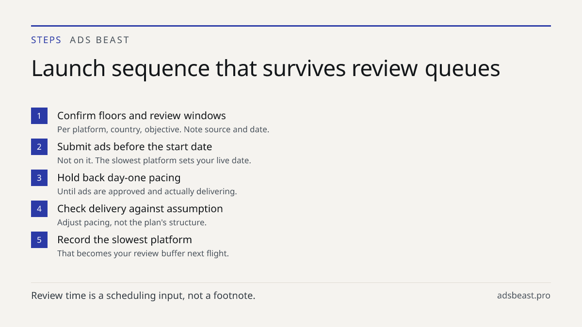 Launch sequence that survives review queues. Confirm floors and review windows: Per platform, country, objective. Note source and date.; Submit ads before the start date: Not on it. The slowest platform sets your live date.; Hold back day-one pacing: Until ads are approved and actually delivering.; 