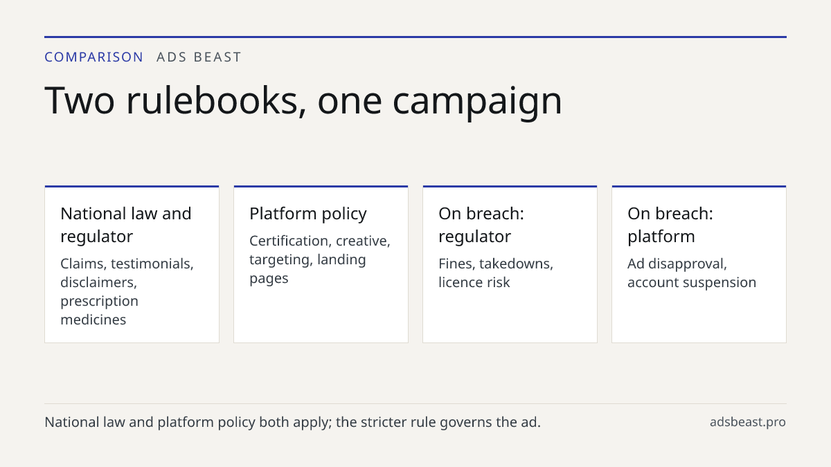 Two rulebooks, one campaign. National law and regulator: Claims, testimonials, disclaimers, prescription medicines; Platform policy: Certification, creative, targeting, landing pages; On breach: regulator: Fines, takedowns, licence risk; On breach: platform: Ad disapproval, account suspension