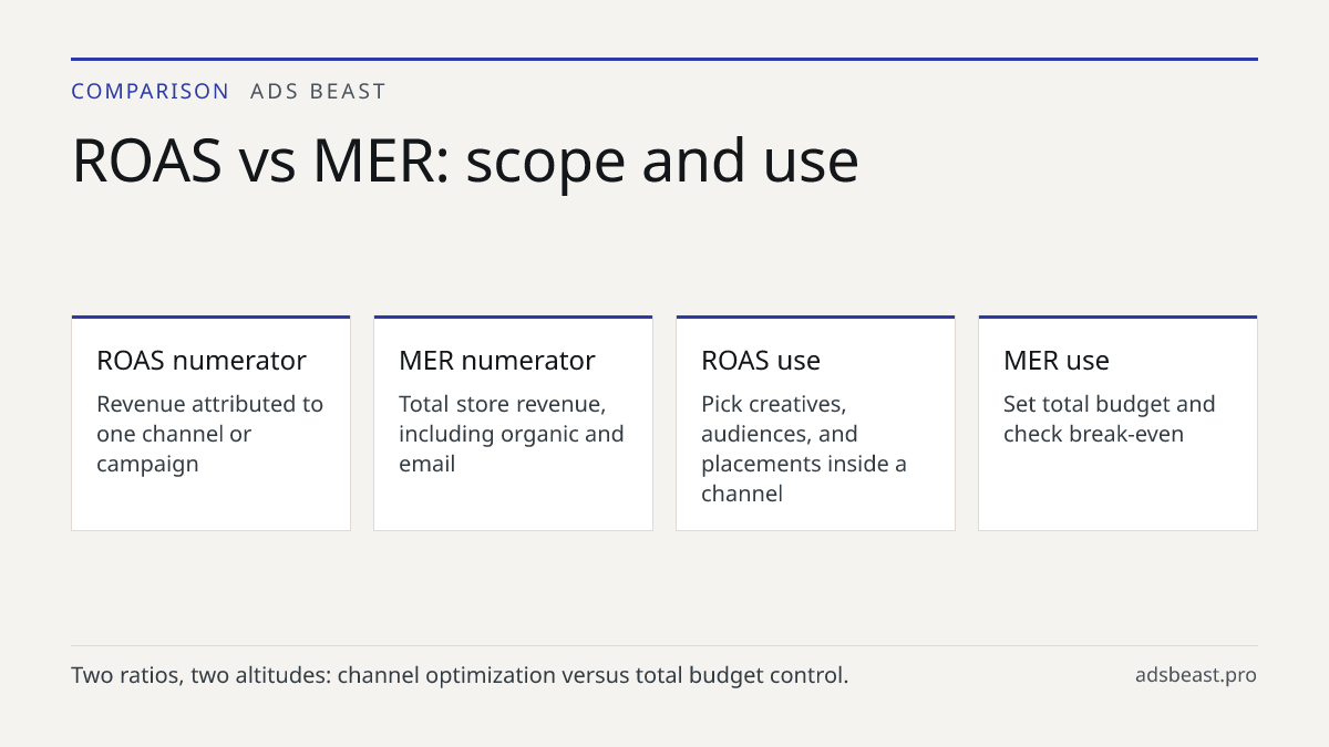 ROAS vs MER: scope and use. ROAS numerator: Revenue attributed to one channel or campaign; MER numerator: Total store revenue, including organic and email; ROAS use: Pick creatives, audiences, and placements inside a channel; MER use: Set total budget and check break-even; Typical range: ROAS 2x to 
