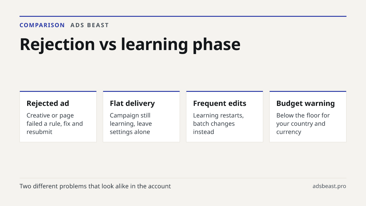 Rejection vs learning phase. Rejected ad: Creative or page failed a rule, fix and resubmit; Flat delivery: Campaign still learning, leave settings alone; Frequent edits: Learning restarts, batch changes instead; Budget warning: Below the floor for your country and currency