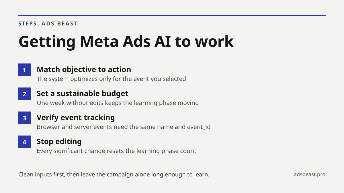 Getting Meta Ads AI to work. Match objective to action: The system optimizes only for the event you selected; Set a sustainable budget: One week without edits keeps the learning phase moving; Verify event tracking: Browser and server events need the same name and event_id; Stop editing: Every signif