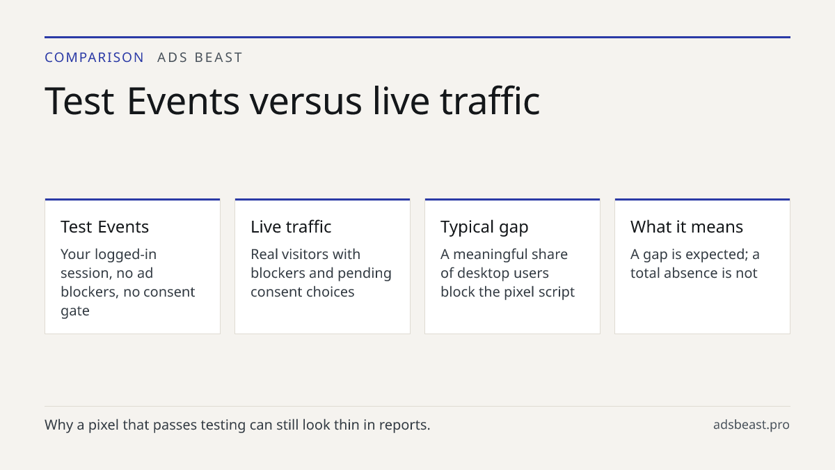 Test Events versus live traffic. Test Events: Your logged-in session, no ad blockers, no consent gate; Live traffic: Real visitors with blockers and pending consent choices; Typical gap: A meaningful share of desktop users block the pixel script; What it means: A gap is expected; a total absence is 