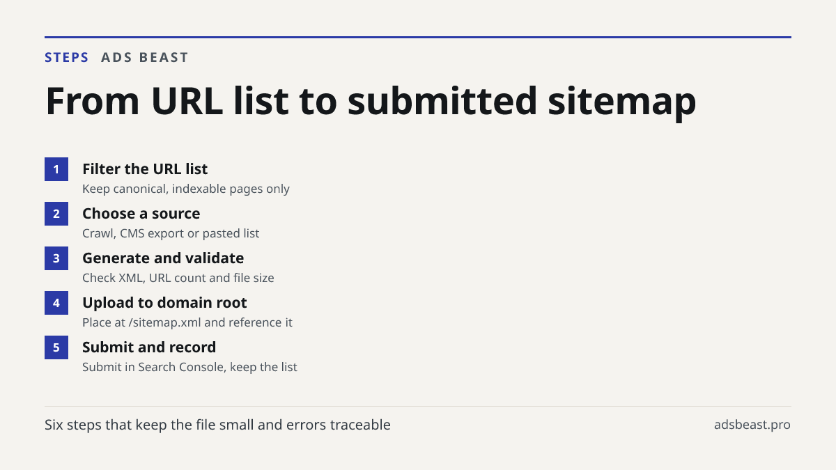From URL list to submitted sitemap. Filter the URL list: Keep canonical, indexable pages only; Choose a source: Crawl, CMS export or pasted list; Generate and validate: Check XML, URL count and file size; Upload to domain root: Place at /sitemap.xml and reference it; Submit and record: Submit in Sea