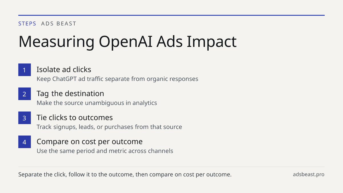 Measuring OpenAI Ads Impact. Isolate ad clicks: Keep ChatGPT ad traffic separate from organic responses; Tag the destination: Make the source unambiguous in analytics; Tie clicks to outcomes: Track signups, leads, or purchases from that source; Compare on cost per outcome: Use the same period and me