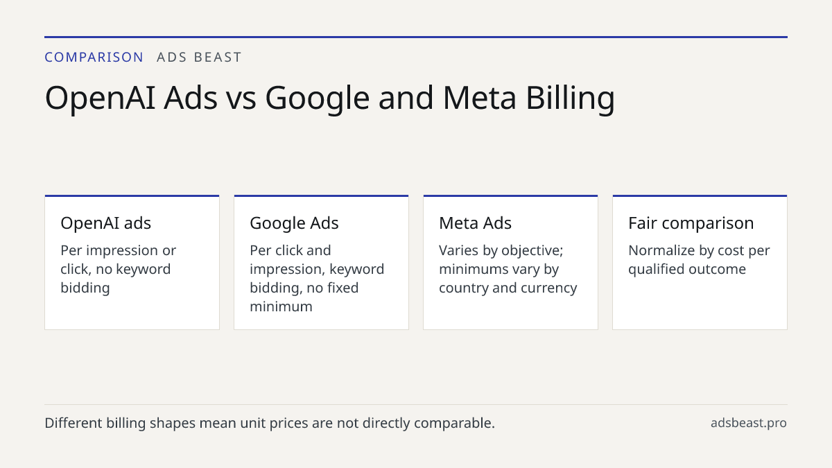 OpenAI Ads vs Google and Meta Billing. OpenAI ads: Per impression or click, no keyword bidding; Google Ads: Per click and impression, keyword bidding, no fixed minimum; Meta Ads: Varies by objective; minimums vary by country and currency; Fair comparison: Normalize by cost per qualified outcome