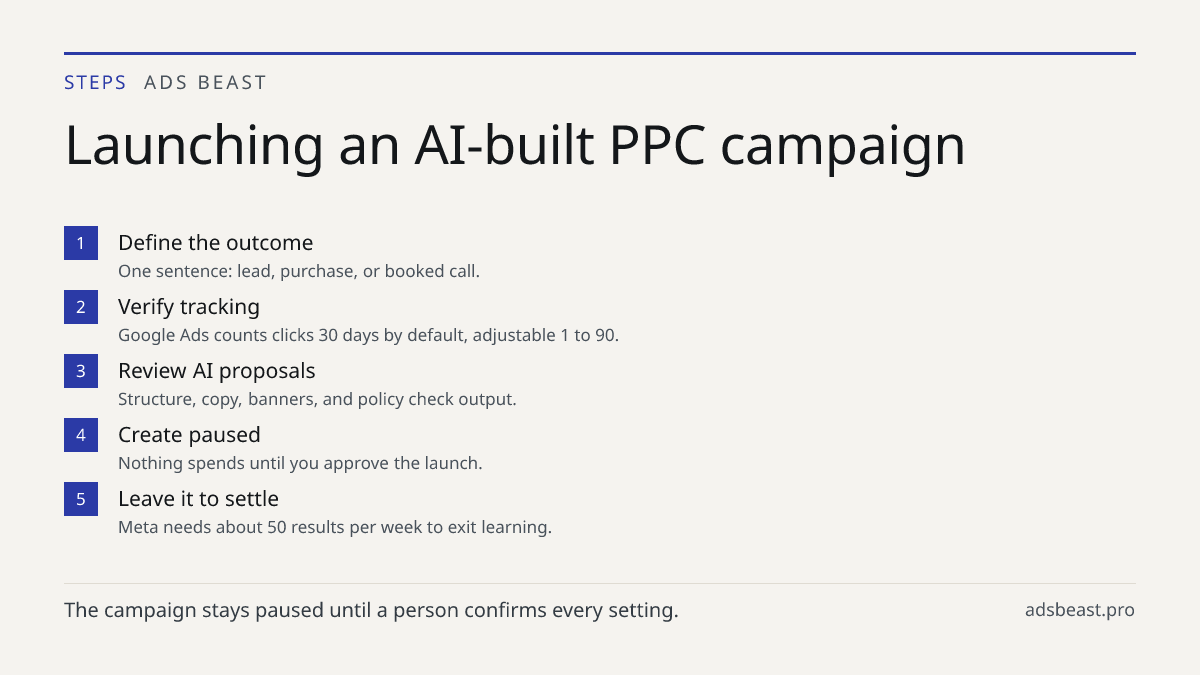 Launching an AI-built PPC campaign. Define the outcome: One sentence: lead, purchase, or booked call.; Verify tracking: Google Ads counts clicks 30 days by default, adjustable 1 to 90.; Review AI proposals: Structure, copy, banners, and policy check output.; Create paused: Nothing spends until you a