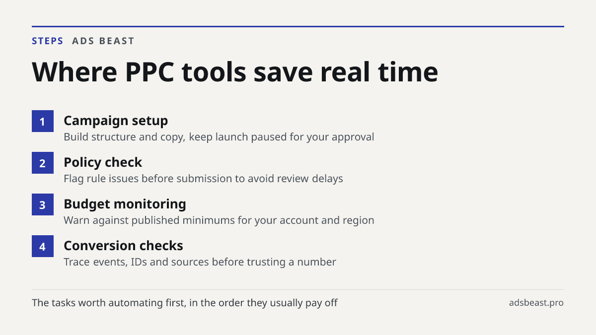 Where PPC tools save real time. Campaign setup: Build structure and copy, keep launch paused for your approval; Policy check: Flag rule issues before submission to avoid review delays; Budget monitoring: Warn against published minimums for your account and region; Conversion checks: Trace events, ID