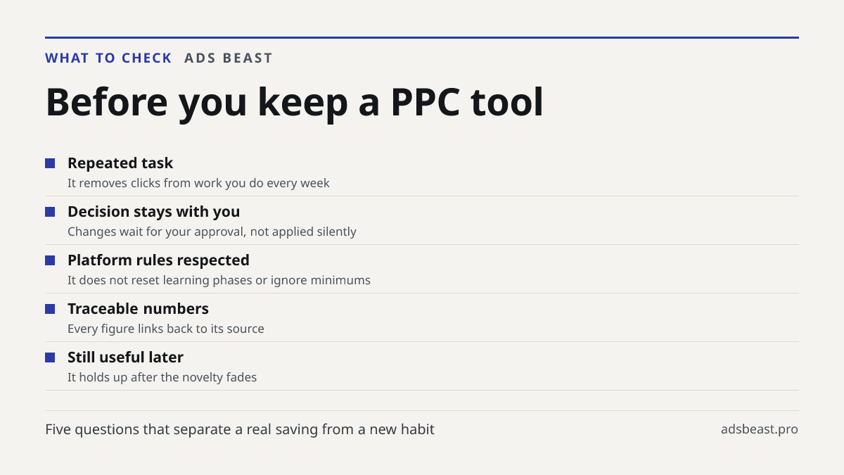 Before you keep a PPC tool. Repeated task: It removes clicks from work you do every week; Decision stays with you: Changes wait for your approval, not applied silently; Platform rules respected: It does not reset learning phases or ignore minimums; Traceable numbers: Every figure links back to its s