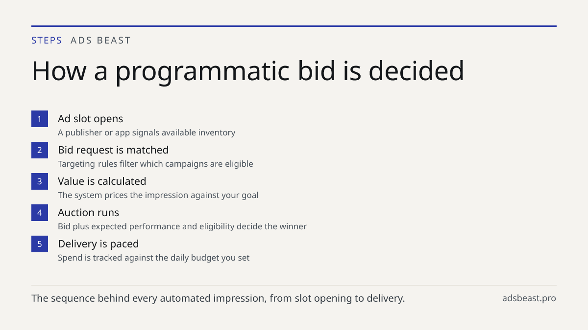 How a programmatic bid is decided. Ad slot opens: A publisher or app signals available inventory; Bid request is matched: Targeting rules filter which campaigns are eligible; Value is calculated: The system prices the impression against your goal; Auction runs: Bid plus expected performance and elig