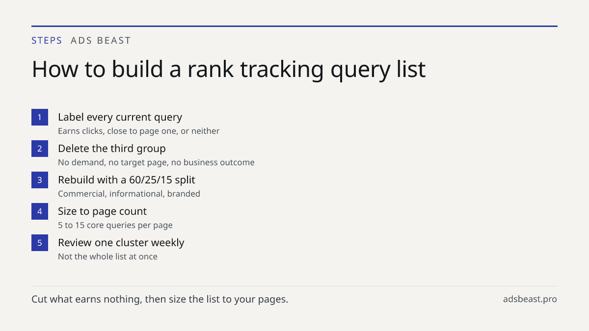 How to build a rank tracking query list. Label every current query: Earns clicks, close to page one, or neither; Delete the third group: No demand, no target page, no business outcome; Rebuild with a 60/25/15 split: Commercial, informational, branded; Size to page count: 5 to 15 core queries per pag
