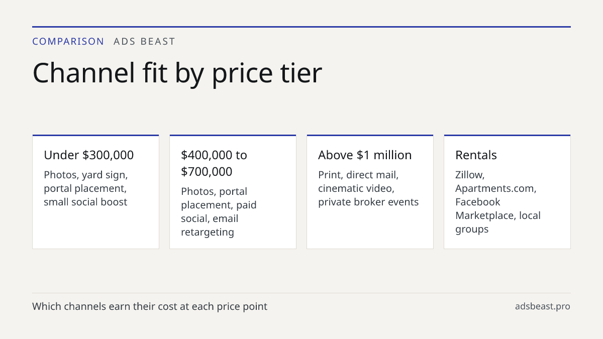 Channel fit by price tier. Under $300,000: Photos, yard sign, portal placement, small social boost; $400,000 to $700,000: Photos, portal placement, paid social, email retargeting; Above $1 million: Print, direct mail, cinematic video, private broker events; Rentals: Zillow, Apartments.com, Facebook 