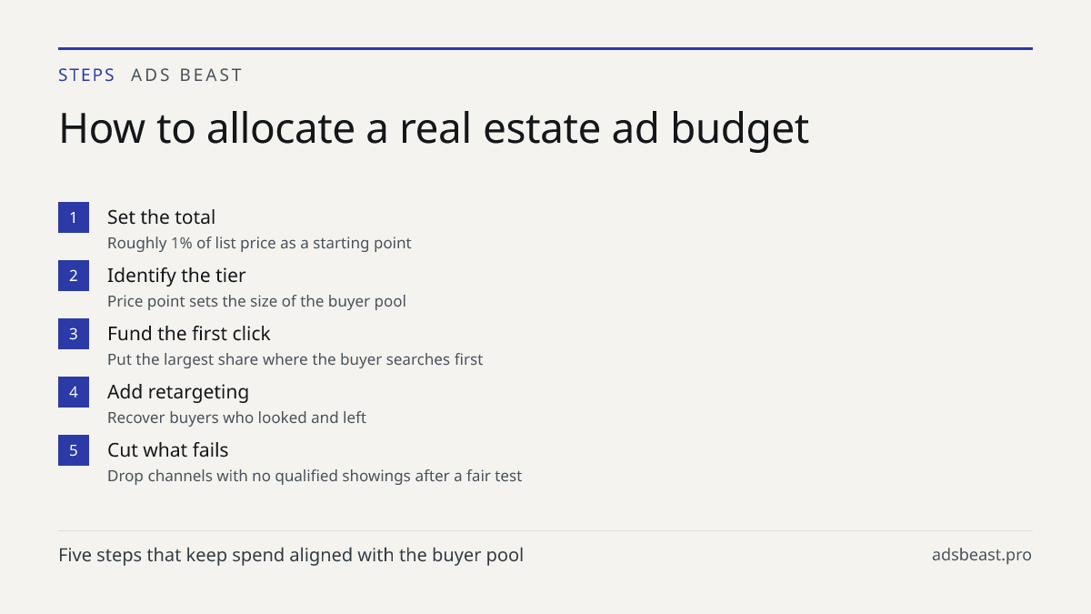 How to allocate a real estate ad budget. Set the total: Roughly 1% of list price as a starting point; Identify the tier: Price point sets the size of the buyer pool; Fund the first click: Put the largest share where the buyer searches first; Add retargeting: Recover buyers who looked and left; Cut w