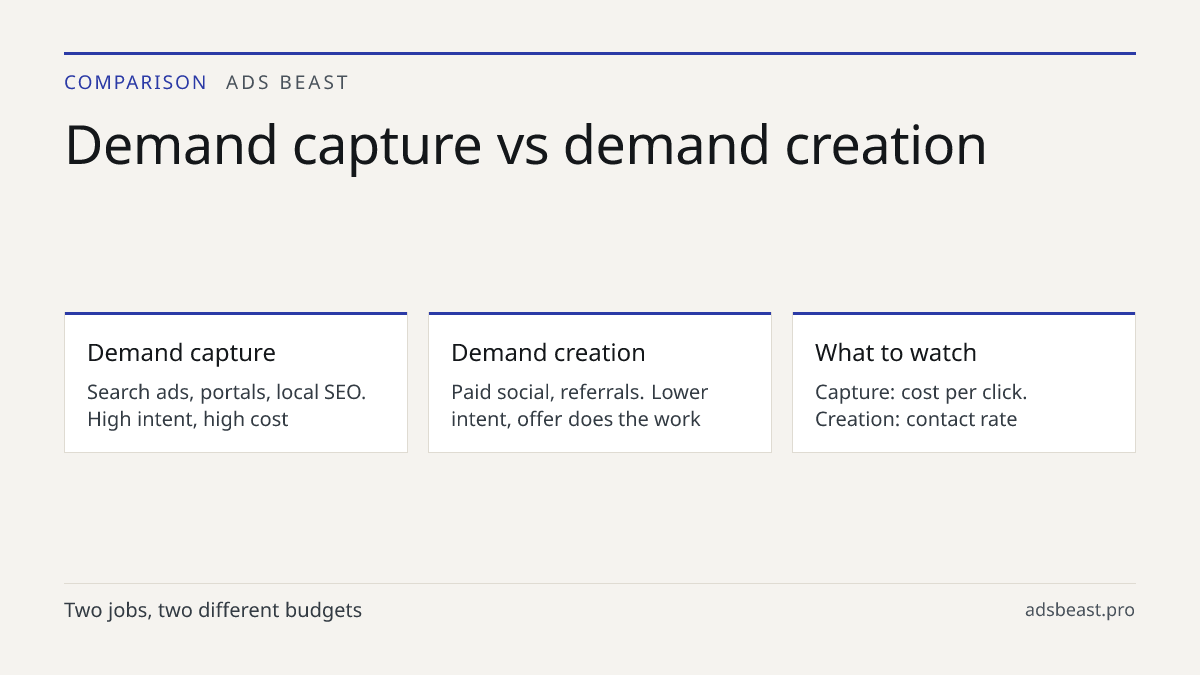 Demand capture vs demand creation. Demand capture: Search ads, portals, local SEO. High intent, high cost; Demand creation: Paid social, referrals. Lower intent, offer does the work; What to watch: Capture: cost per click. Creation: contact rate