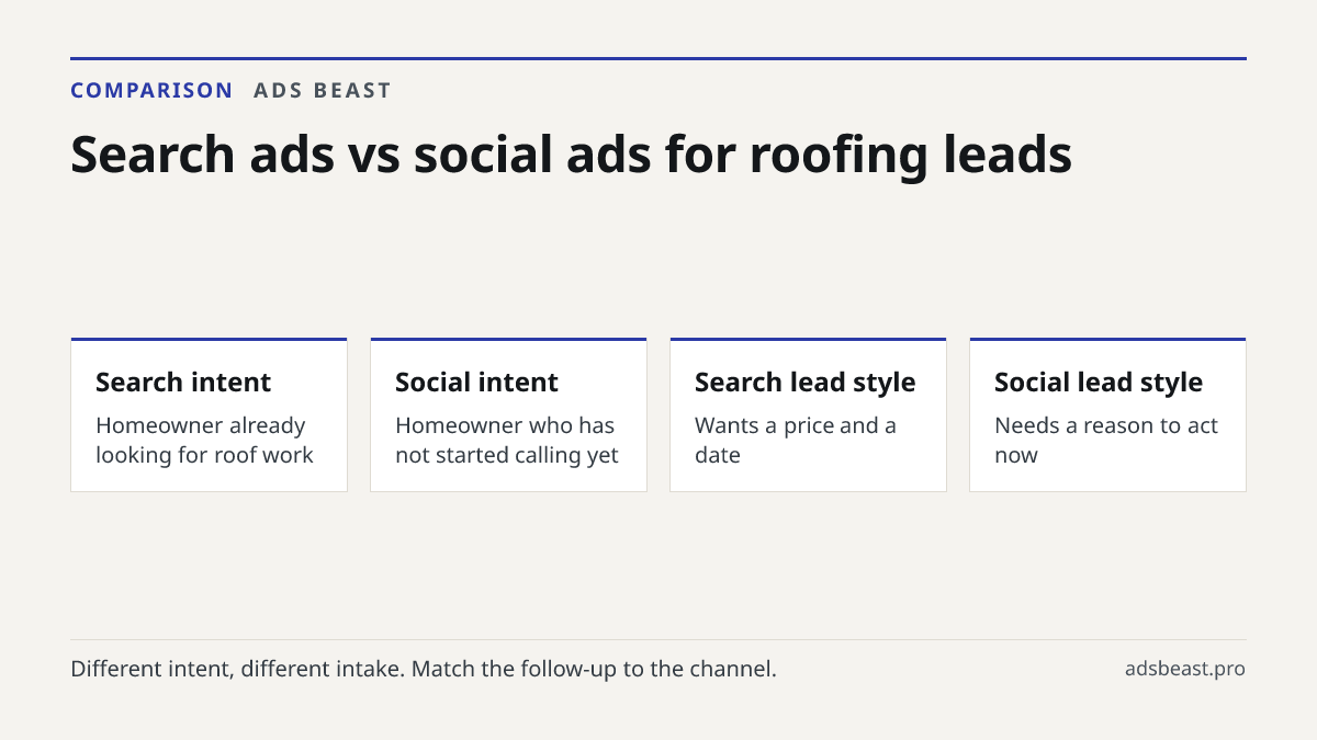 Search ads vs social ads for roofing leads. Search intent: Homeowner already looking for roof work; Social intent: Homeowner who has not started calling yet; Search lead style: Wants a price and a date; Social lead style: Needs a reason to act now