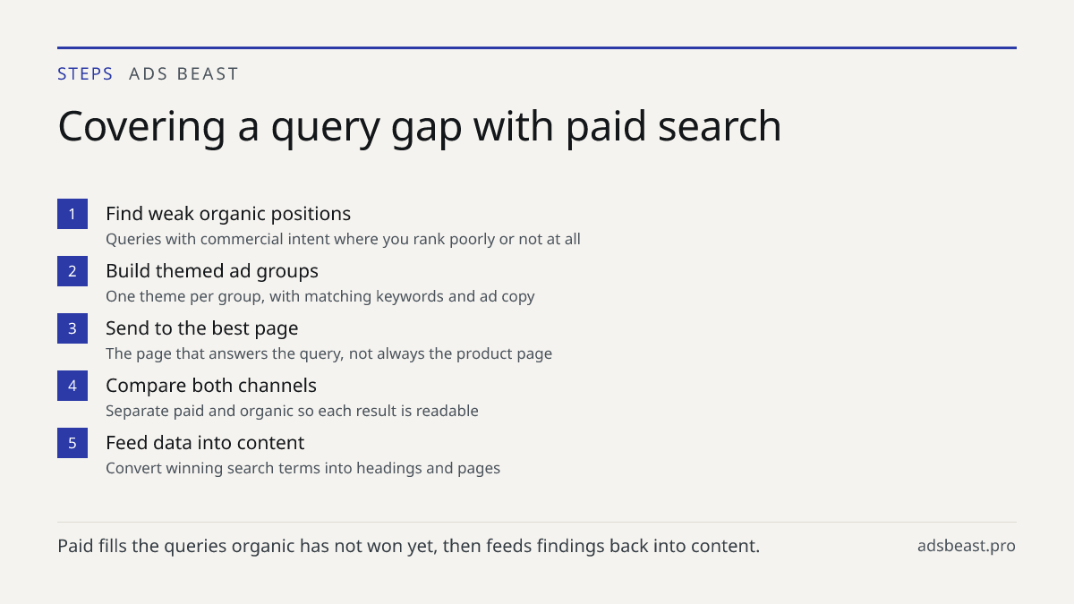Covering a query gap with paid search. Find weak organic positions: Queries with commercial intent where you rank poorly or not at all; Build themed ad groups: One theme per group, with matching keywords and ad copy; Send to the best page: The page that answers the query, not always the product page