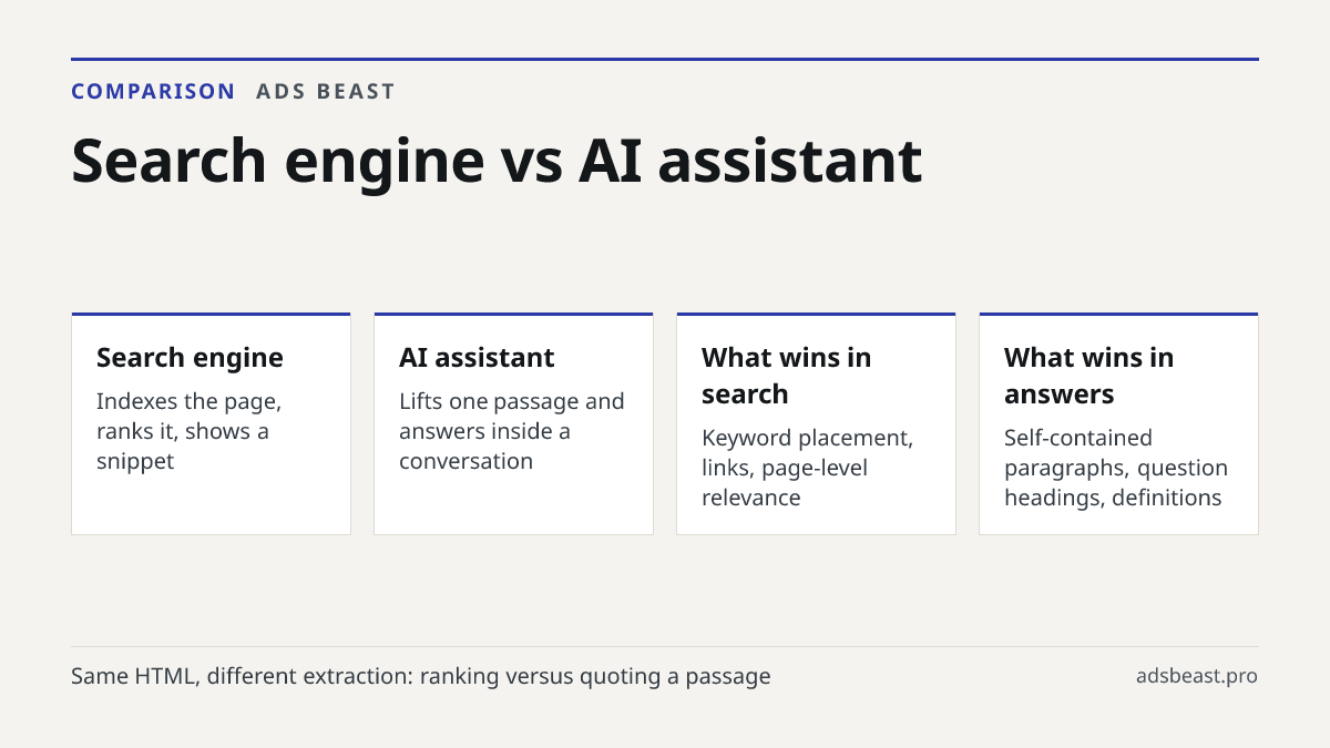 Search engine vs AI assistant. Search engine: Indexes the page, ranks it, shows a snippet; AI assistant: Lifts one passage and answers inside a conversation; What wins in search: Keyword placement, links, page-level relevance; What wins in answers: Self-contained paragraphs, question headings, defin