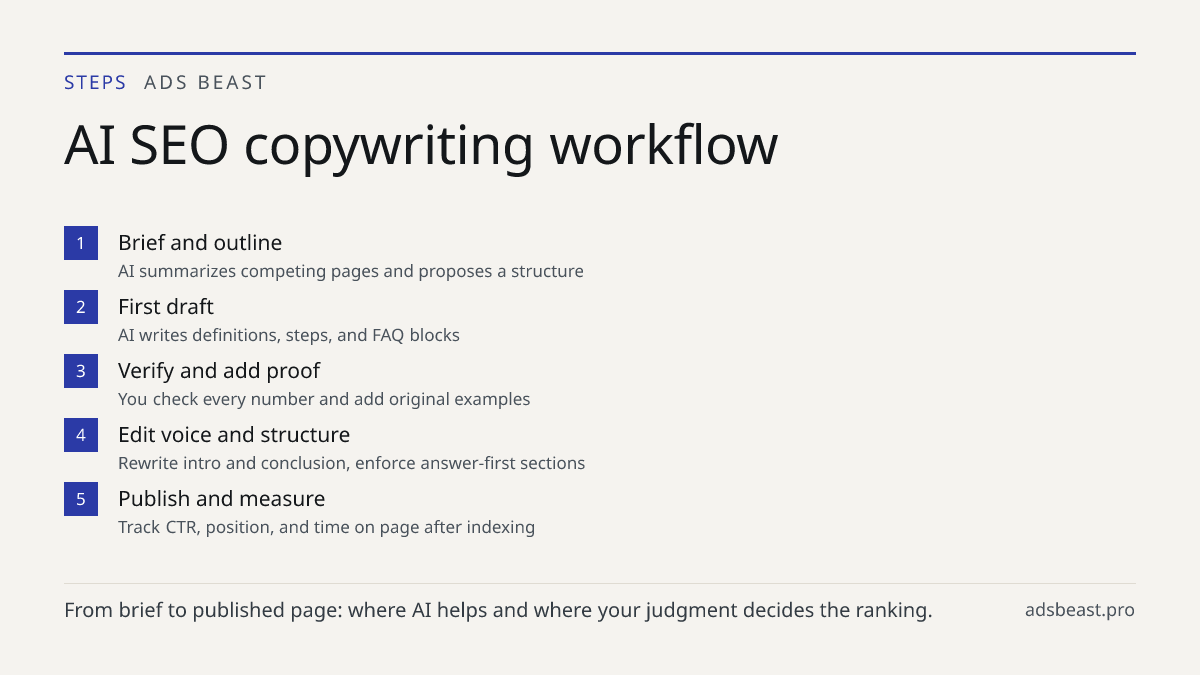 AI SEO copywriting workflow. Brief and outline: AI summarizes competing pages and proposes a structure; First draft: AI writes definitions, steps, and FAQ blocks; Verify and add proof: You check every number and add original examples; Edit voice and structure: Rewrite intro and conclusion, enforce a