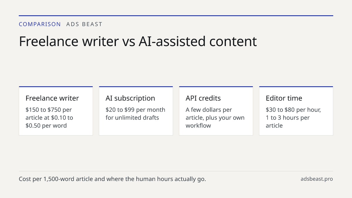 Freelance writer vs AI-assisted content. Freelance writer: $150 to $750 per article at $0.10 to $0.50 per word; AI subscription: $20 to $99 per month for unlimited drafts; API credits: A few dollars per article, plus your own workflow; Editor time: $30 to $80 per hour, 1 to 3 hours per article